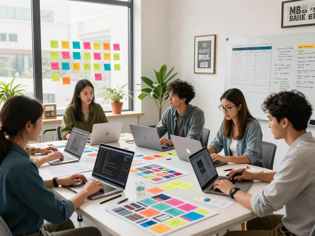 Collaboration in a web design agency with a diverse team brainstorming and creating digital solutions.