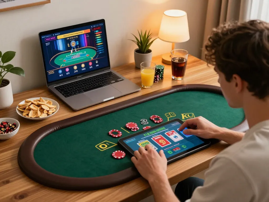Player engaging in online GG88 casino blackjack from cozy home setup with tablet and snacks.