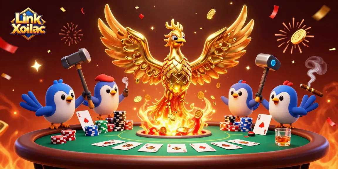 Engage with Link Xoilac in a vibrant casino scene featuring a majestic phoenix and poker excitement.