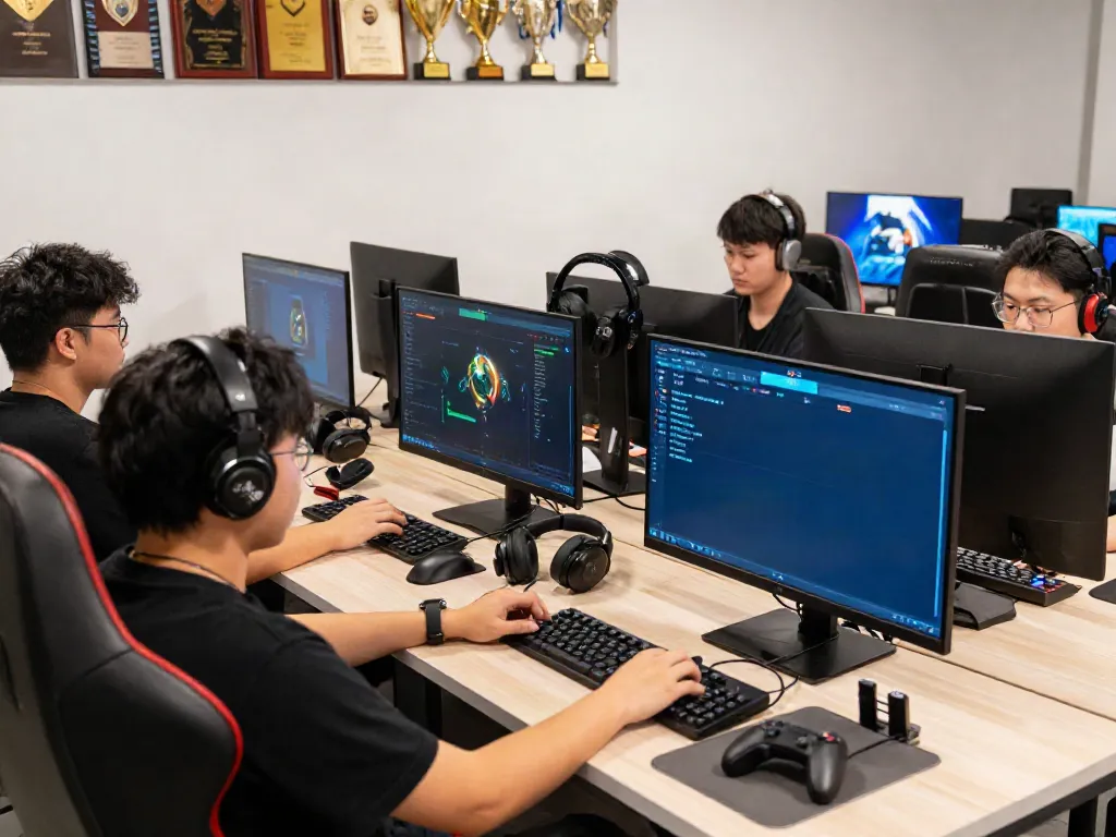 Group of diverse gamers enjoying competitive gaming on DA88 platform with vibrant graphics and dynamic atmosphere.