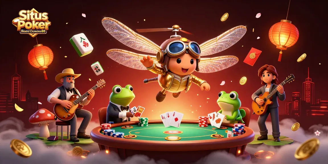 Situs Poker Online Resmi Domino88 showcases a vibrant poker scene with dragonfly pilot and frog croupier