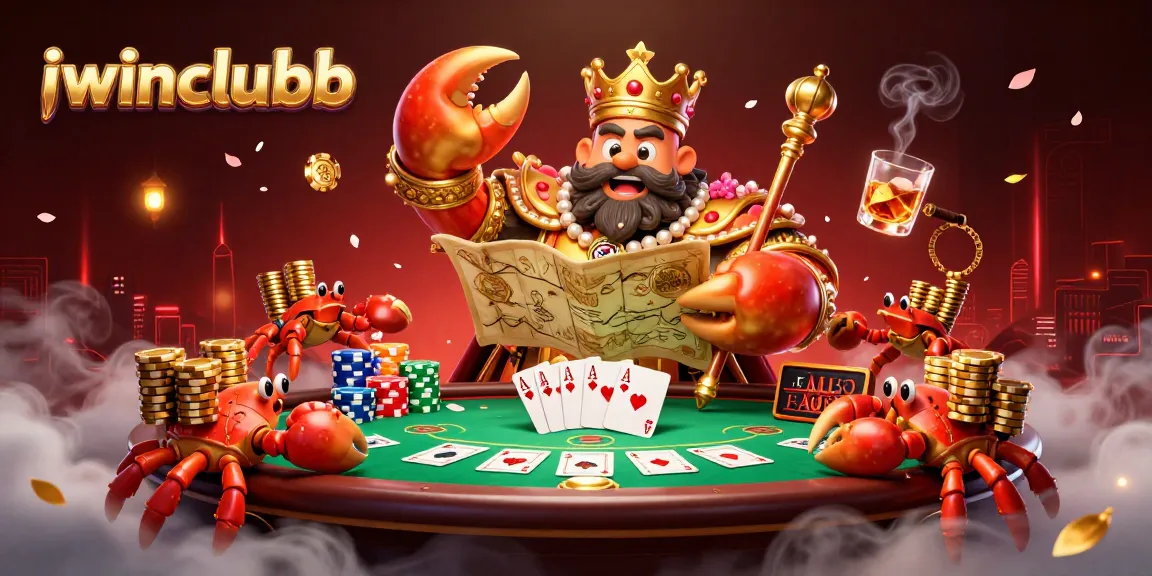 Experience the vibrant iwinclubb scene with a golden crab emperor and dynamic poker elements.