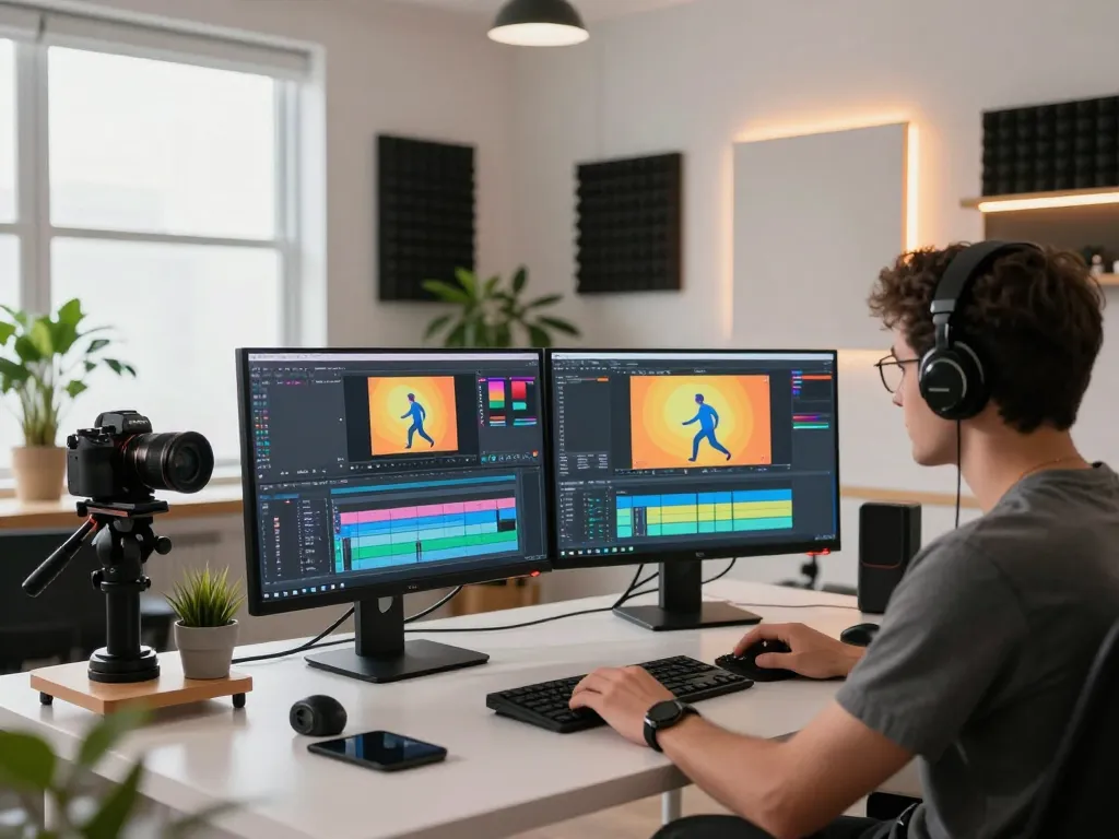 Video editing workspace showcasing mind control concepts, with program screens and creative tools.