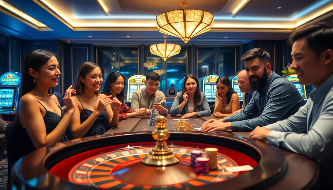 Xổ số hôm nay excitement with players at a luxurious casino table, enjoying poker and roulette.