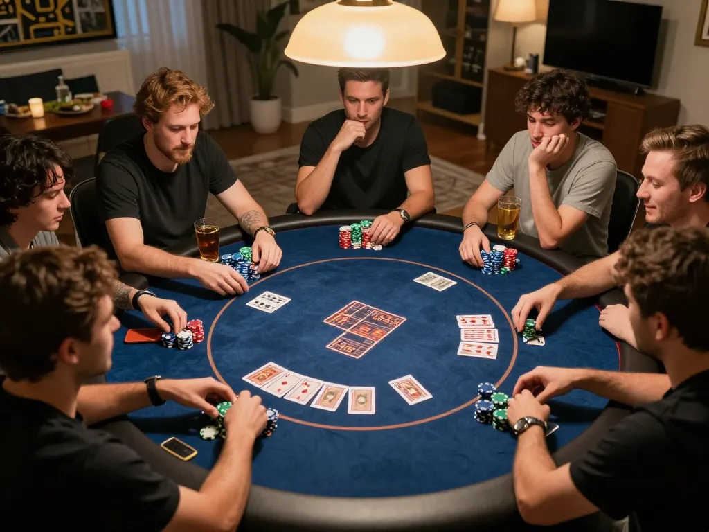 Kuwin poker players strategizing during a friendly home game night with chips and cards visible.