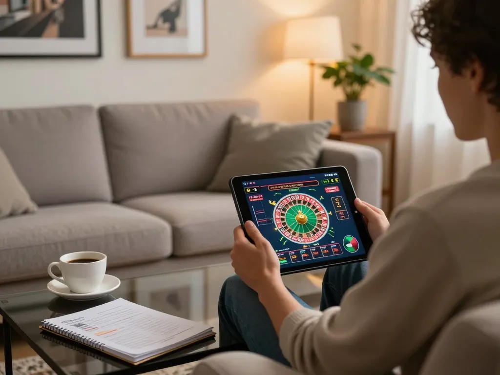 KJC engages players with a vibrant roulette game on a tablet in a cozy setting.