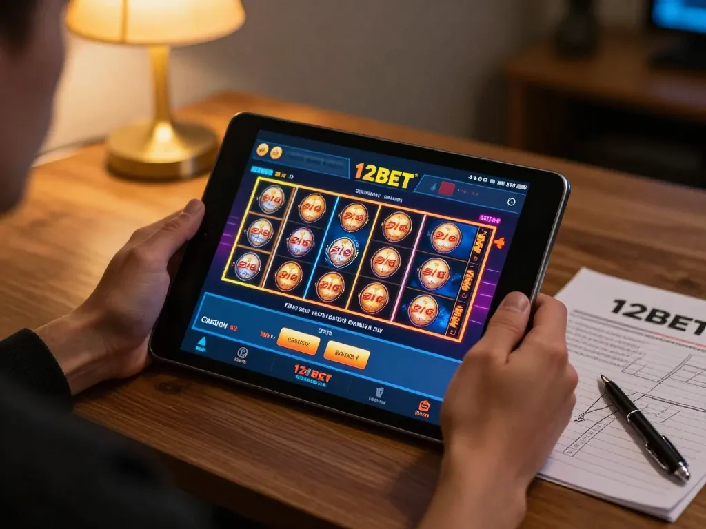 Cảnh tượng trò chơi trực tuyến hấp dẫn với 12bet trên máy tính bảng, trong khung cảnh học tập ấm cúng và ghi chú cá cược.