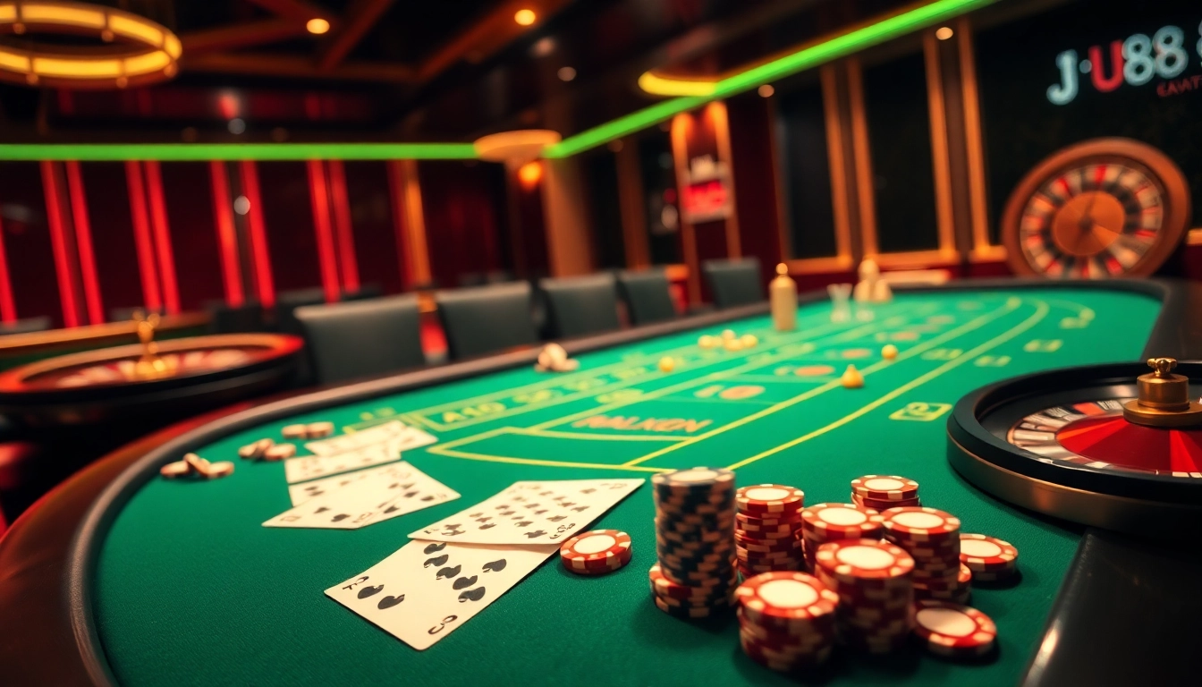 Players enjoying U888 casino games at a luxurious poker table with vibrant ambiance.