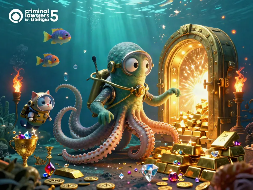 Engaging scene with criminal lawyers in Georgia amidst treasure-themed visuals emphasizing legal defense.
