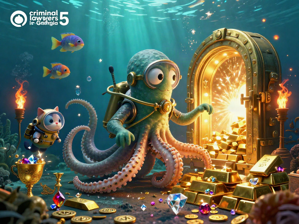 Engaging scene with criminal lawyers in Georgia amidst treasure-themed visuals emphasizing legal defense.