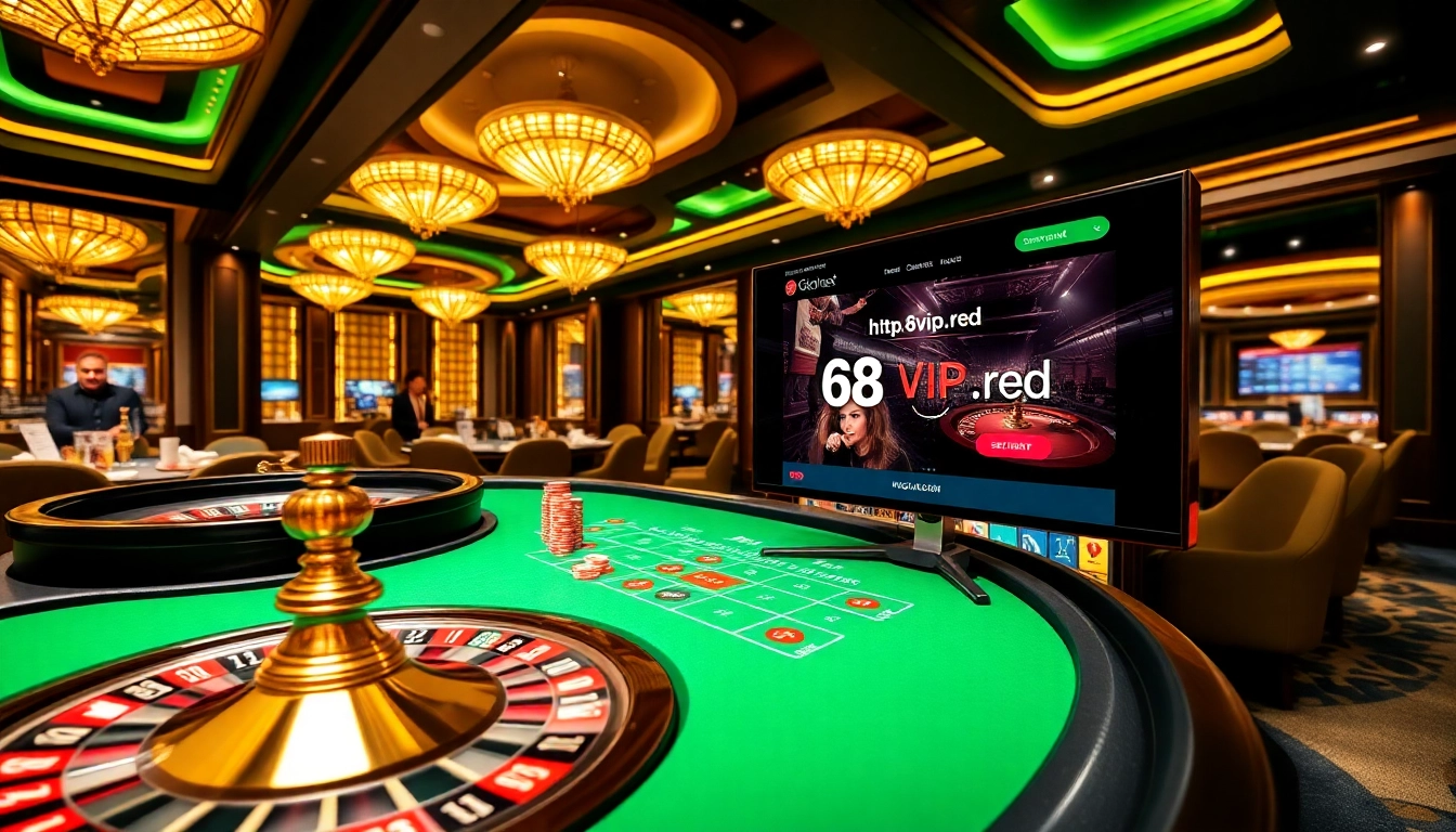 Experience the thrill of gambling at https://68vip.red/ with vibrant casino scenes featuring roulette wheels and poker chips.