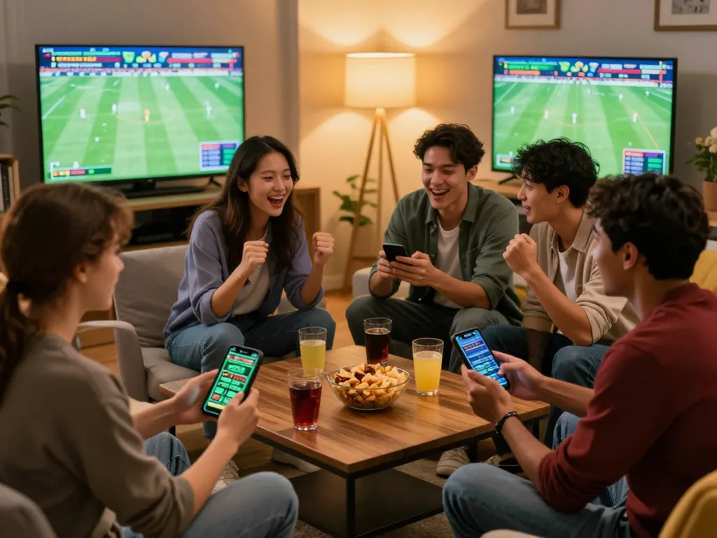 Engaging in trực tiếp đá bóng betting strategies with friends in a lively home setting, surrounded by screens showing live matches.