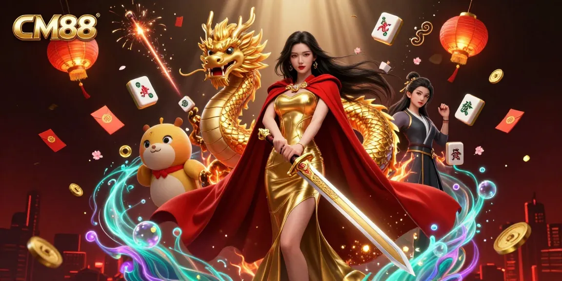 Experience thrilling gaming action at CM88 with a warrior queen in a rich, vibrant casino setting.