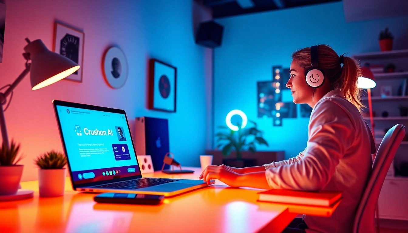 Engaging user experience with Crushon AI chatbot interface in a modern workspace.