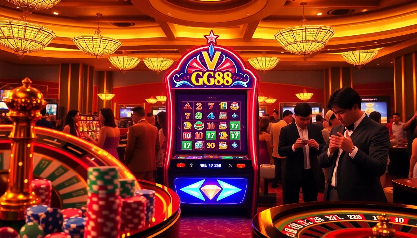 Experience the thrill of the GG88 slot machine in a lively casino setting with poker chips and roulette wheels.