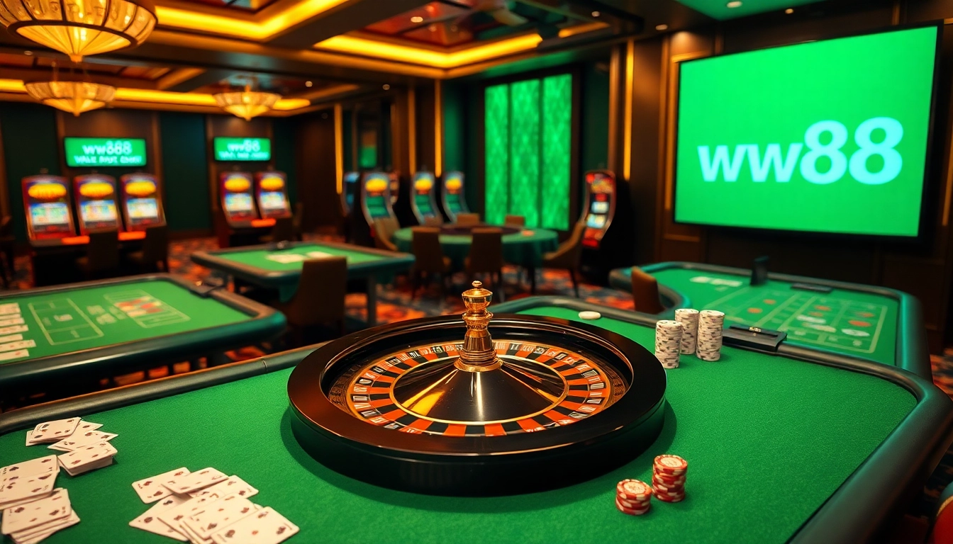 Engage with Đăng ký ww88 at a vibrant casino featuring roulette, poker tables, and neon slot machines.
