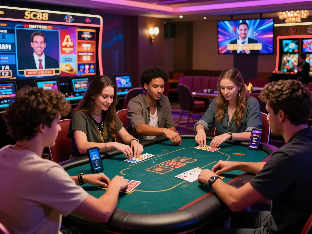 Exciting SC88 com online casino scene with diverse players enjoying card games and live dealers in a glamorous setting.