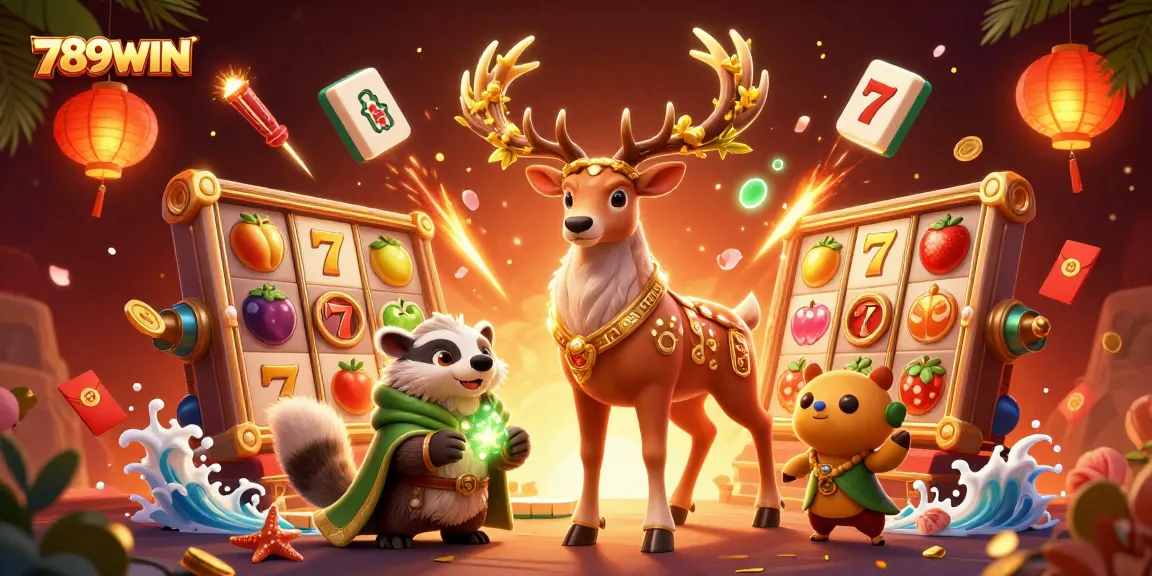 Engage with 789WIN's dynamic scene featuring a druid stag, badger, and vibrant casino elements.