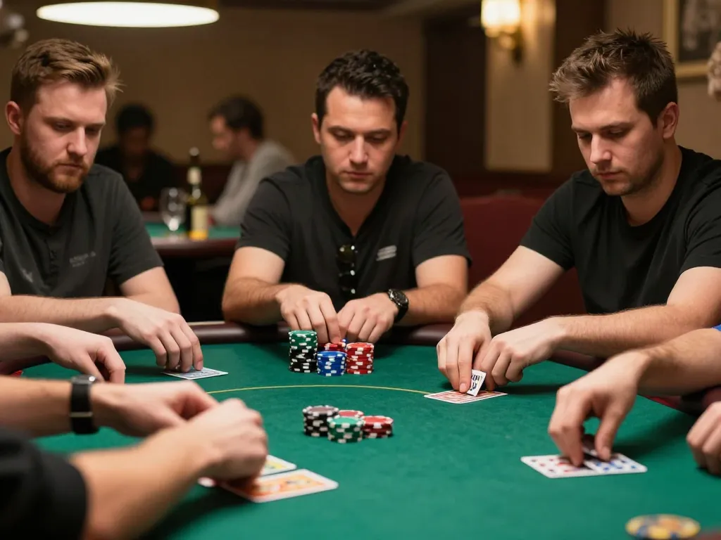 Engaged players strategizing their moves during a tense poker game, đăng ký 5699 for exclusive gaming tips.