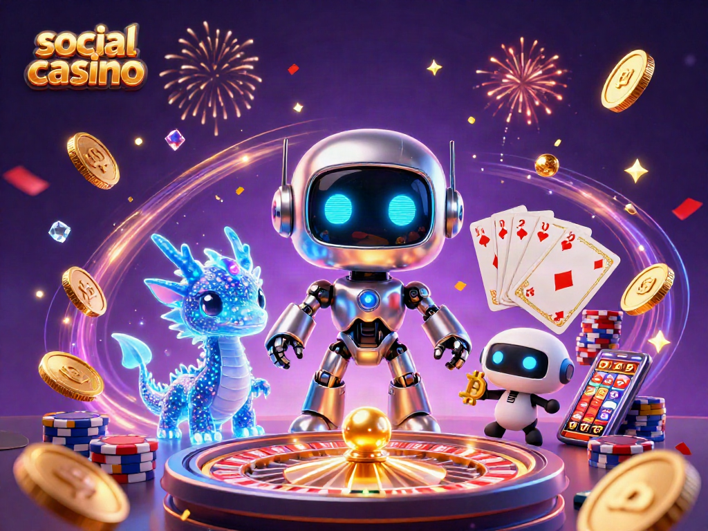 Play and win big at a vibrant social casino featuring a cyberpunk robot and digital companions.