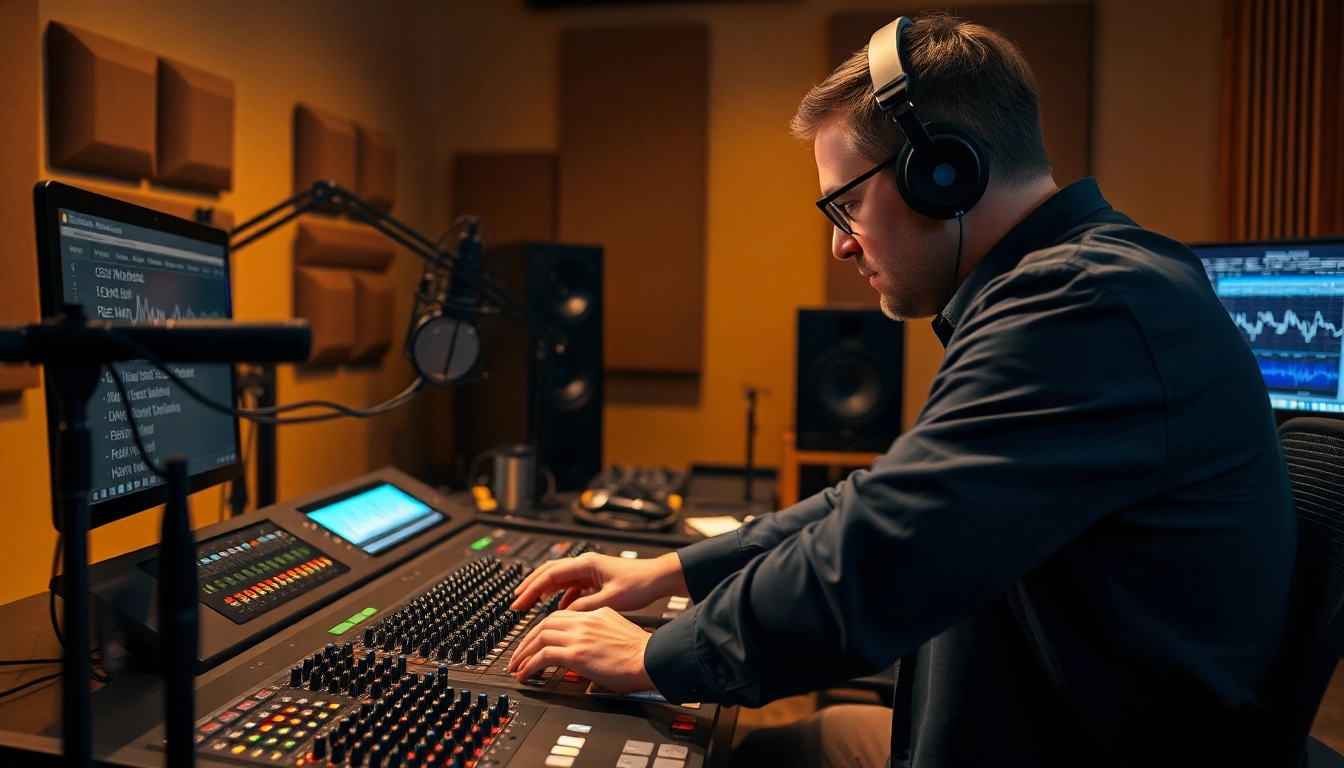 Hands adjusting sound levels for online mastering in a modern recording studio.