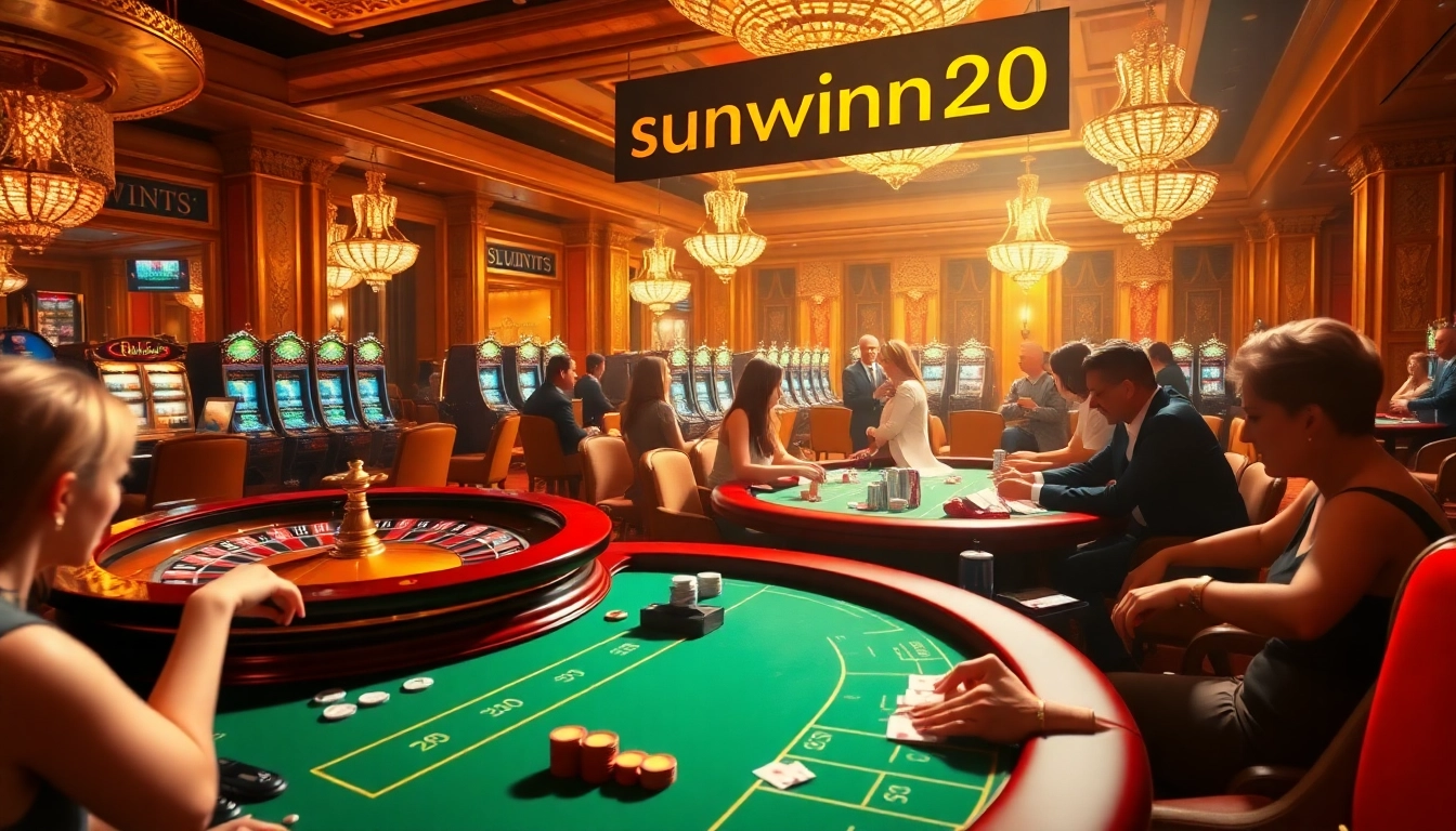 Players enjoying a thrilling roulette table experience at sunwin20 casino with vibrant atmosphere.