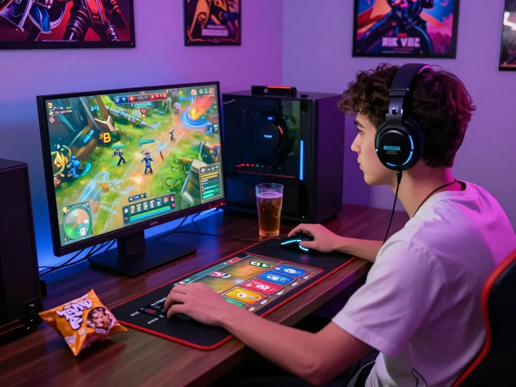 Engaging player enjoying rik vip online card game in vibrant gaming setup.