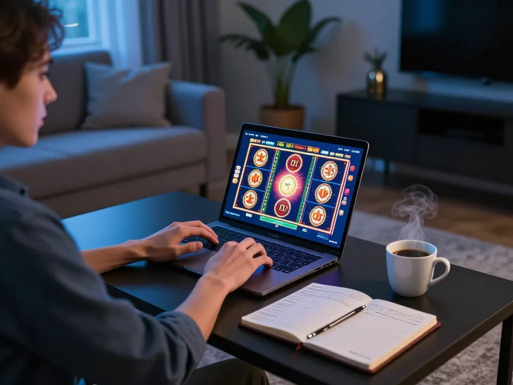 tr88 bet player engaged in slot gaming at home with laptop, strategic notes beside coffee, relaxed atmosphere