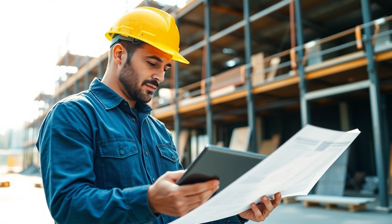New York General Contractor reviewing plans at an active construction site for project success.