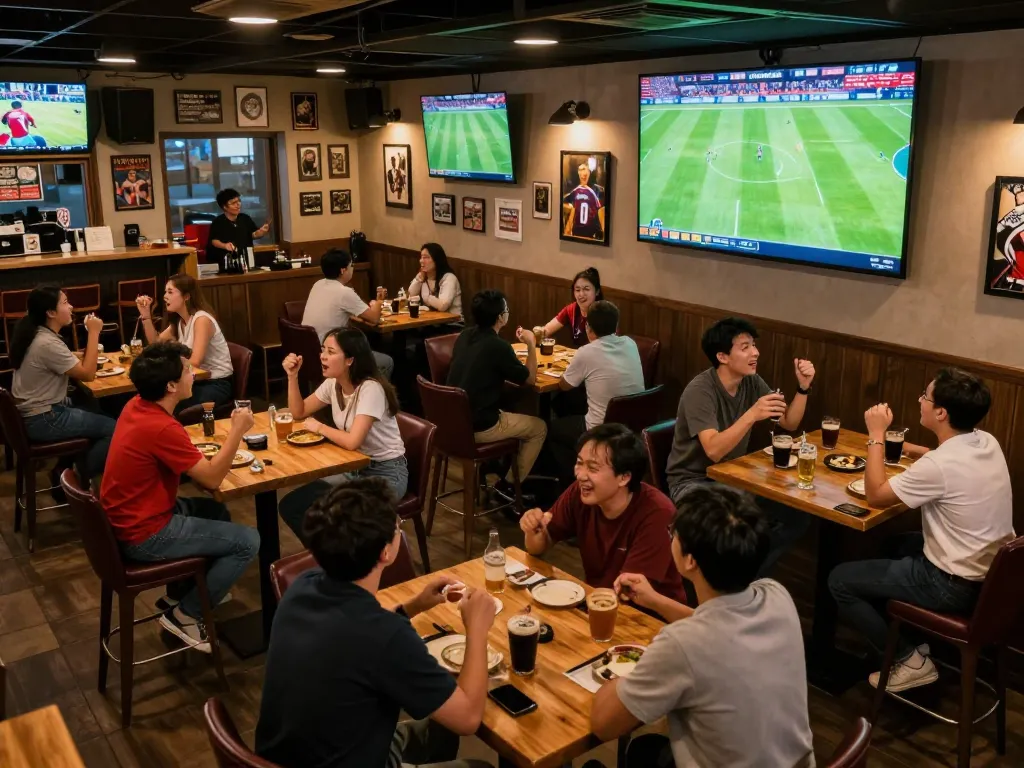 Fans cheering while watching trực tiếp đá bóng at a lively sports bar, energy and excitement fill the air.