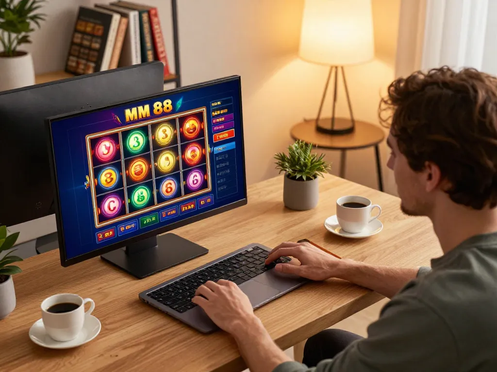 Person immersing in MM 88 online casino gaming at stylish home office.