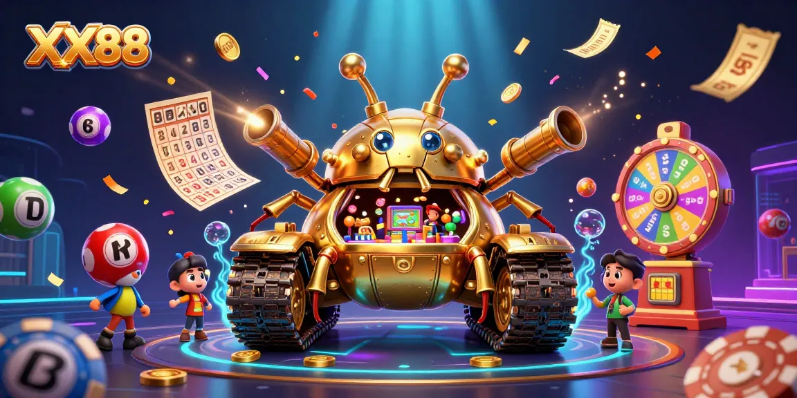 Experience the excitement at XX88's miniature casino within a golden tank, filled with vibrant lottery elements.