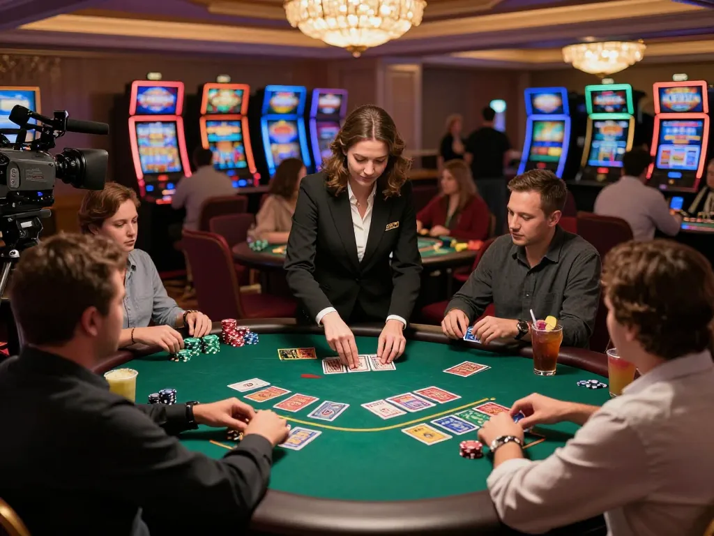 Players engaged in an intense blackjack game at a casino, C168 strategy notes nearby, vibrant atmosphere