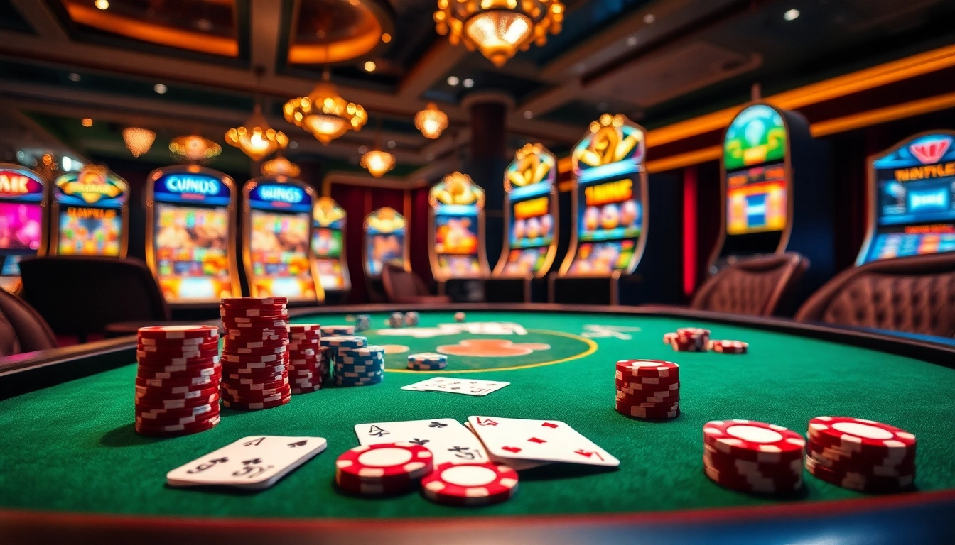 Experience the excitement of game đánh bài đổi thưởng with a vibrant casino scene filled with rich colors and engaged players.
