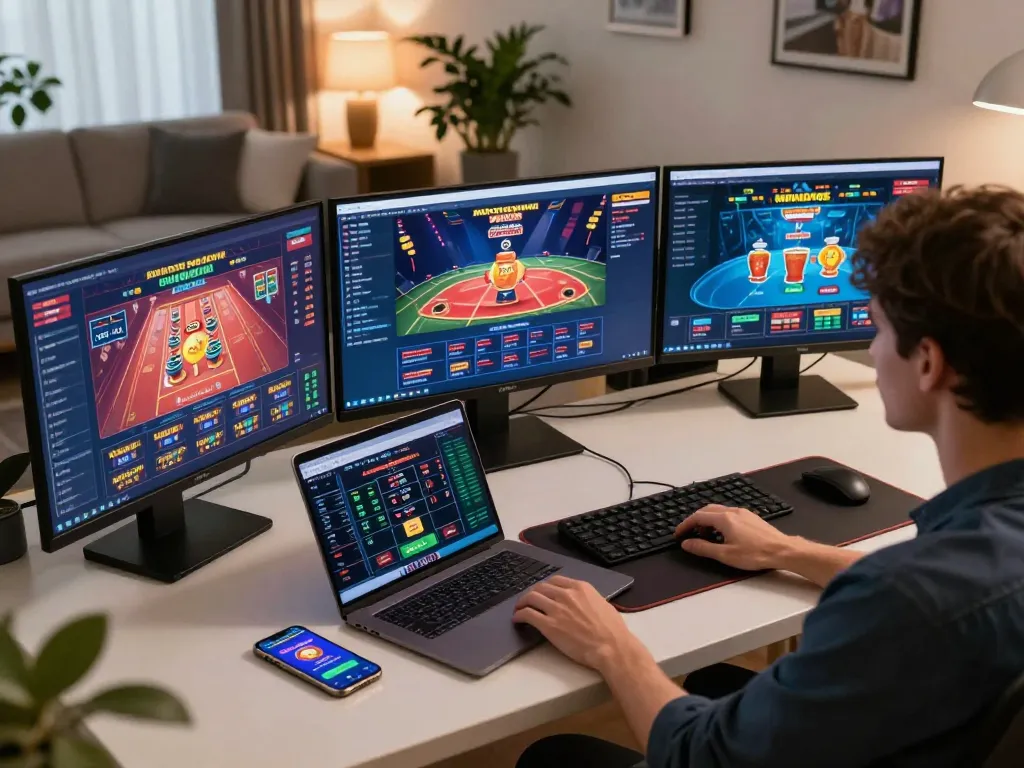 Player engaging with MB66 casino games on multiple screens in a cozy online setup.