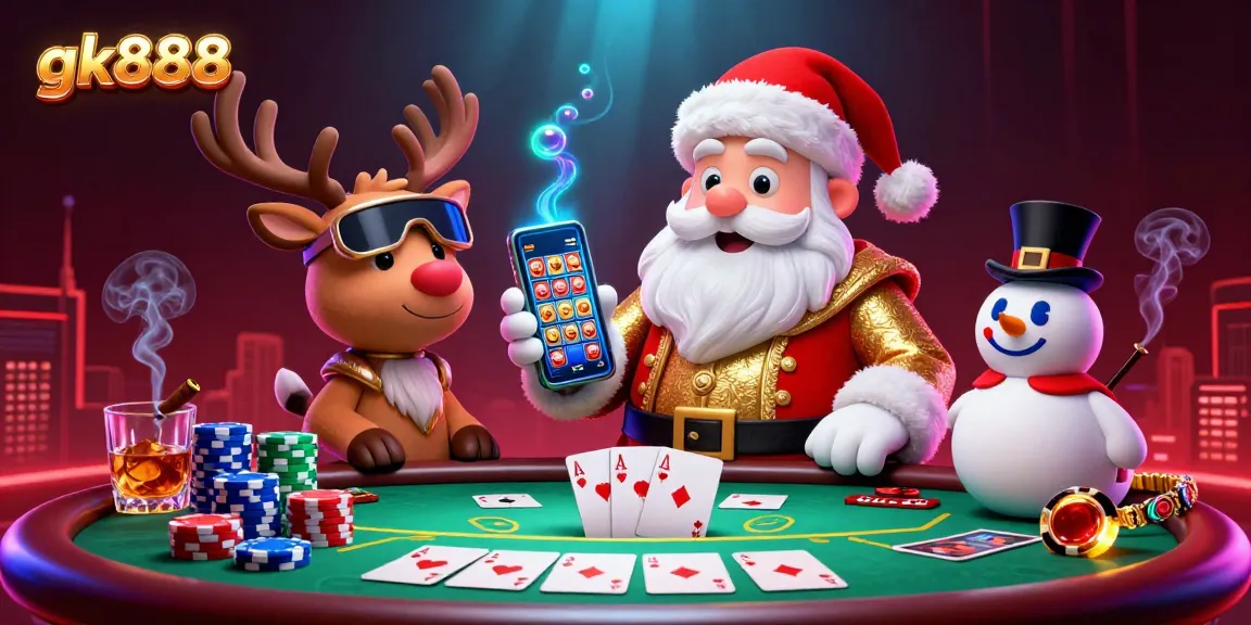 Experience the excitement of gk888 with a joyful Santa holding jackpot slots in a vibrant casino scene.