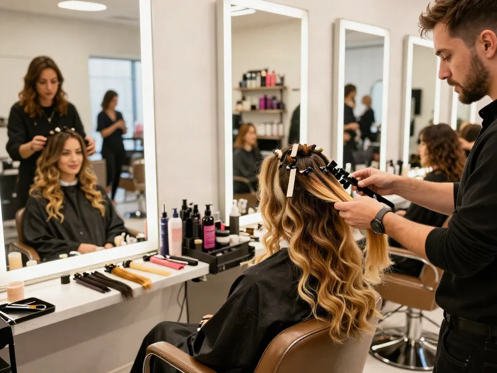 Salon quality sew in weft extensions being expertly styled, showing vibrant colors in a professional beauty salon setting.