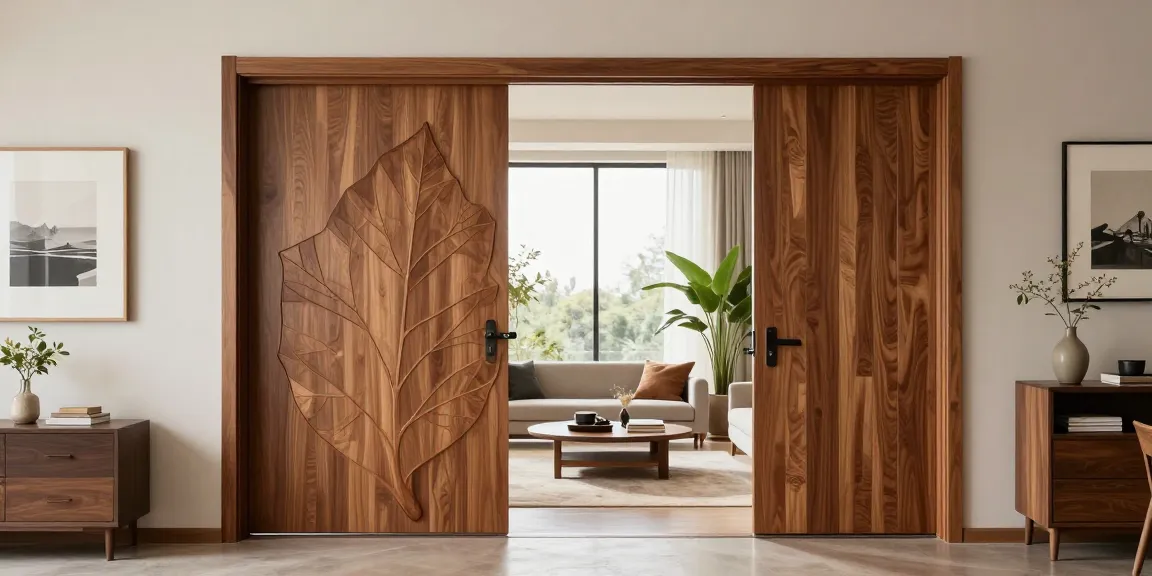 Elegant modern living room with a single leaf swing door, showcasing interior design.