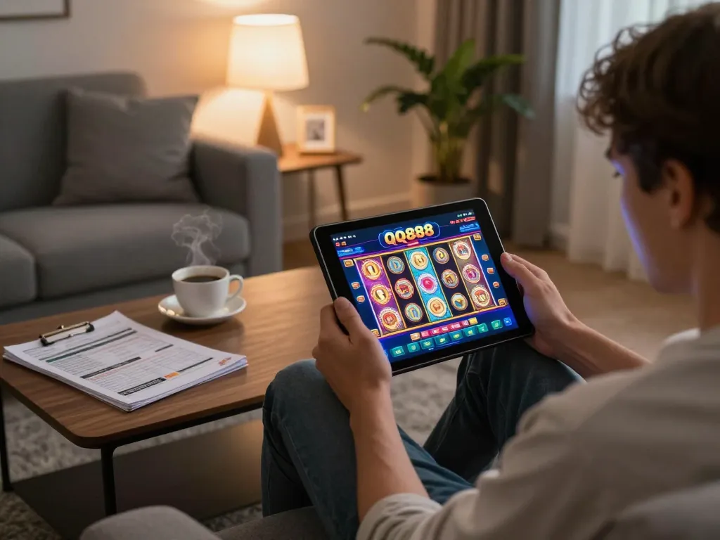 Engaging home gaming session using QQ888 interface on tablet, showcasing vibrant slot game