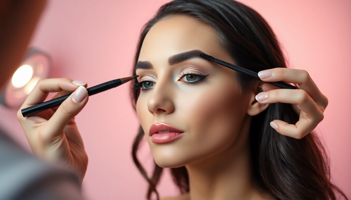 Apply the skone cosmetics brow wand for perfectly defined brows in a stylish makeup studio.