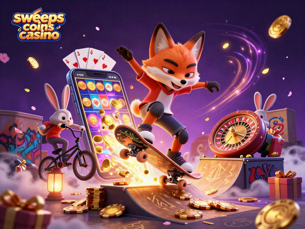 Sweeps coins casino scene featuring a skateboarder fox and BMX rabbit with slot games and vibrant casino symbols.
