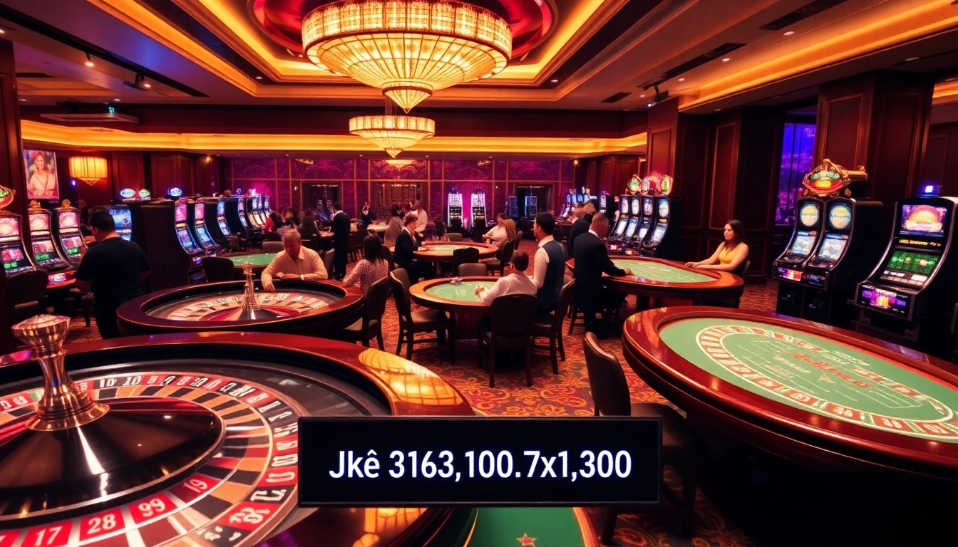 Kết quả xổ số displayed in a vibrant casino with poker tables, slot machines, and an inviting atmosphere.