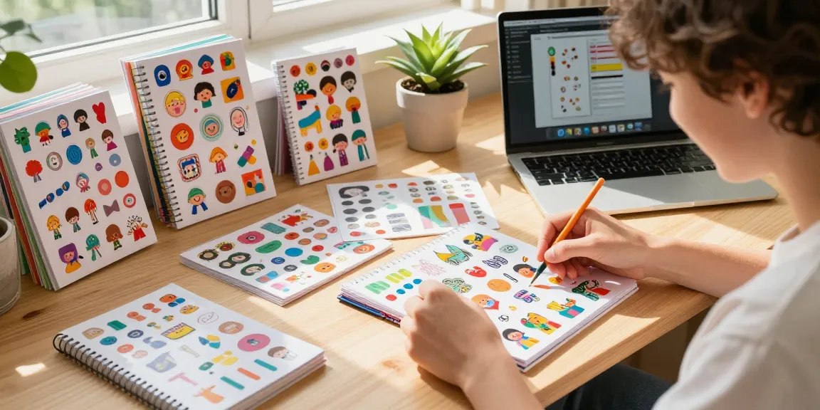 Creative artist using a reusable sticker book with colorful designs on a sunlit desk.