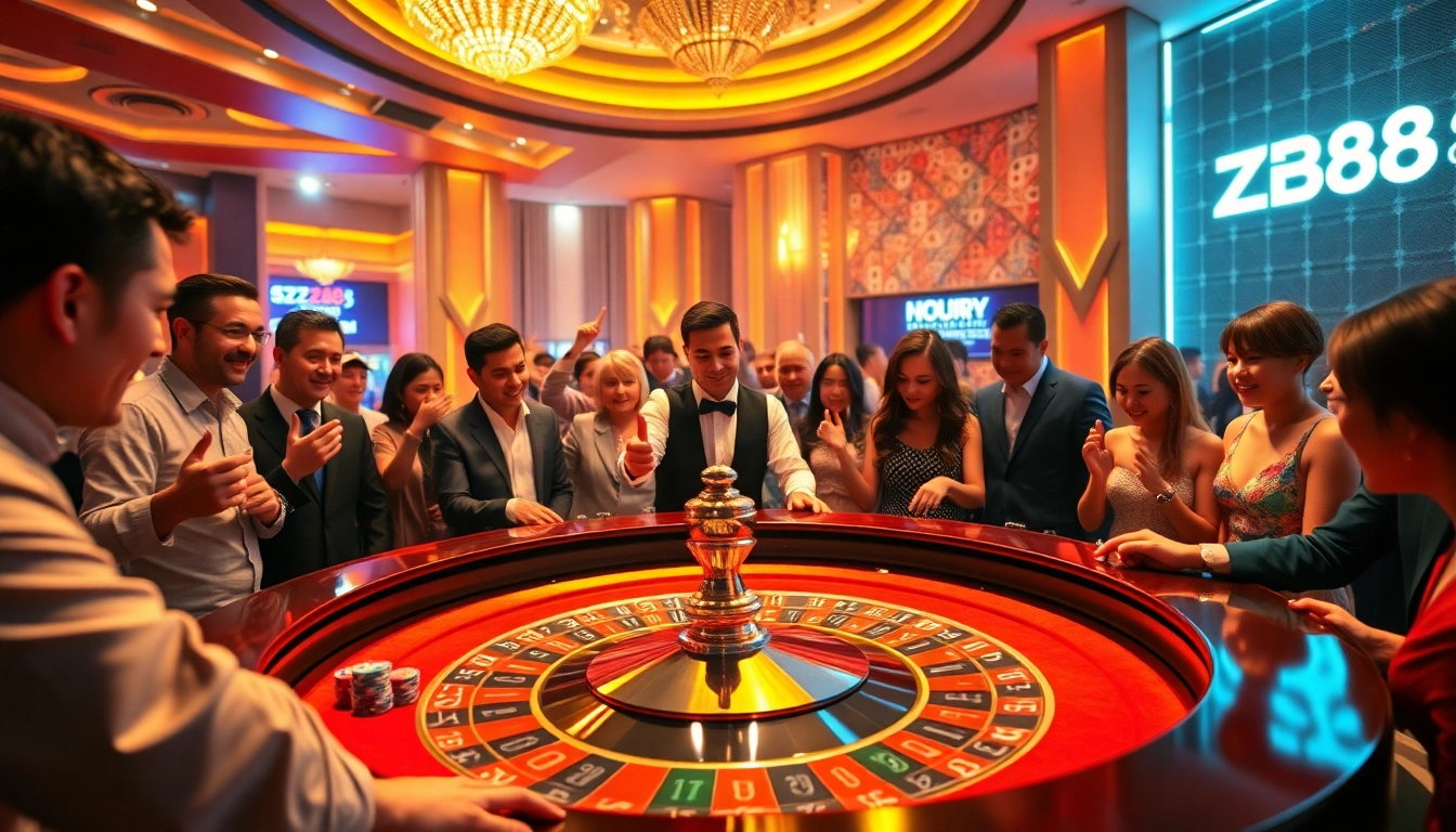 Players experiencing the excitement of gambling at AZ88's roulette table while enjoying the vibrant atmosphere.