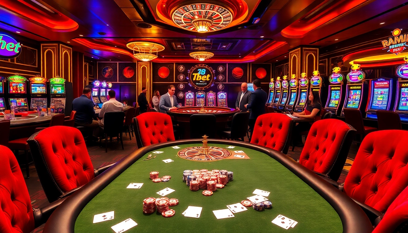 Exciting gaming atmosphere at f8 bet casino with poker tables and roulette wheels.