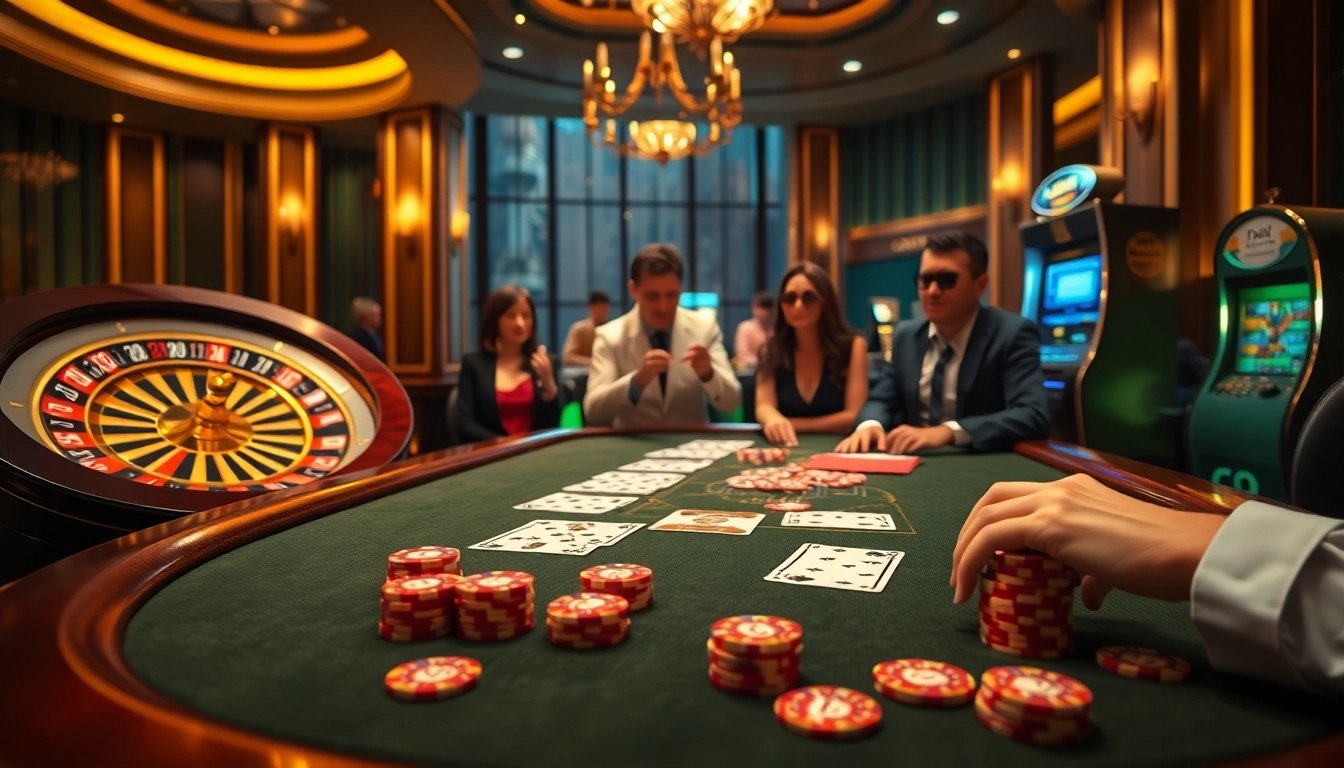 K9K9 Casino - Engaging poker players at a luxurious casino table full of cards and chips.